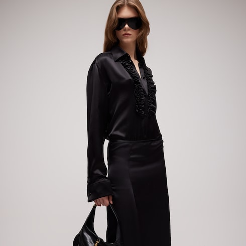 Silk satin shirt with rouches in black | GUCCI® US Silk satin shirt with rouches in black | GUCCI® US