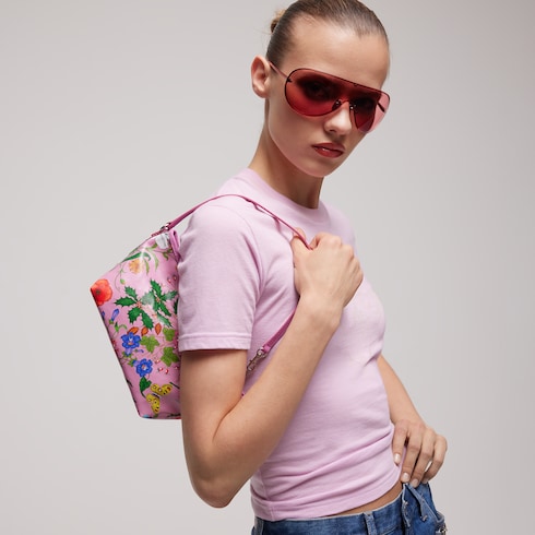 Flora-motif small pouch with strap