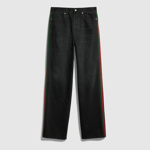 Cotton denim pants with Web insert in black | GUCCI® RO