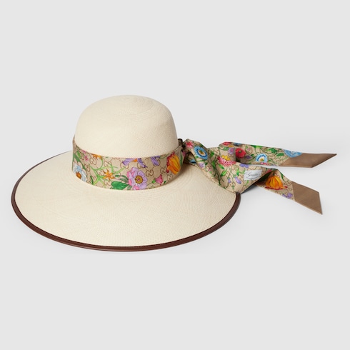 正規品 グッチ GUCCI パナマ ハット 麦わら帽子 リボン ナチュラル S Panama twill hat with silk ribbon in light beige | GUCCI® SI