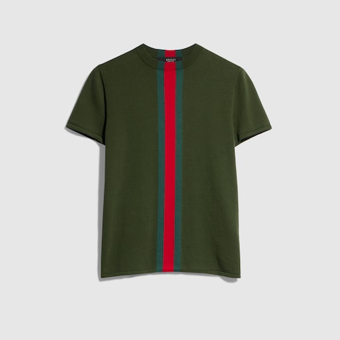 Knit cotton T-shirt with Web intarsia in green | GUCCI® US