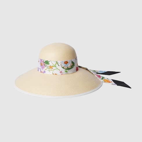 Panama twill hat with silk ribbon in light beige | GUCCI® SI