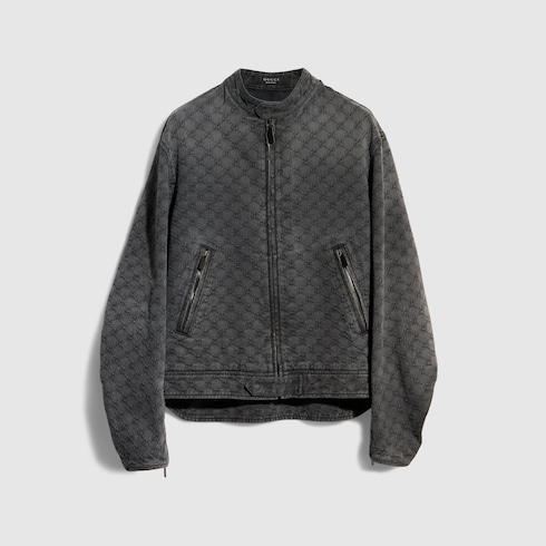 GG cotton denim jacquard zip jacket in dark grey | GUCCI® US