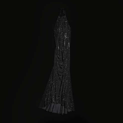 Abito lungo in chiffon di seta stretch ricamato