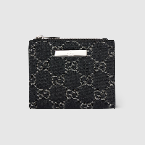 Small wallet with Gucci plaque in black GG denim | GUCCI® US