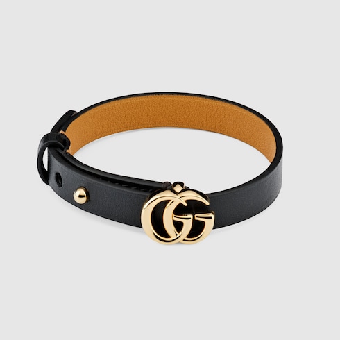 Leather bracelet with Double G in black leather | GUCCI® US