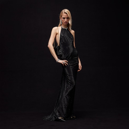 Abito lungo in chiffon di seta stretch ricamato