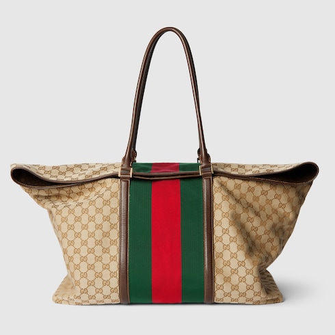 GG duffle bag with Web in sand and brown GG canvas | GUCCI® INT