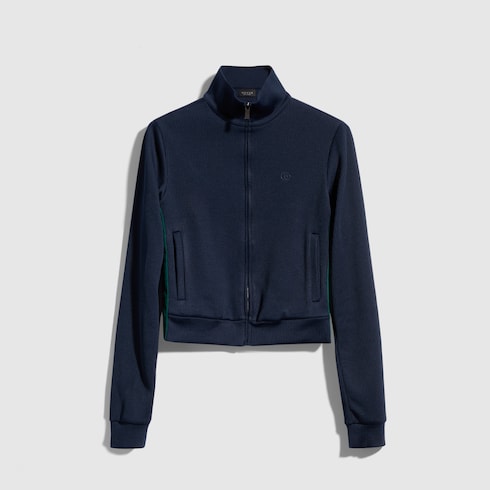 Rib cotton jersey zip sweatshirt with Web in dark blue | GUCCI® RO