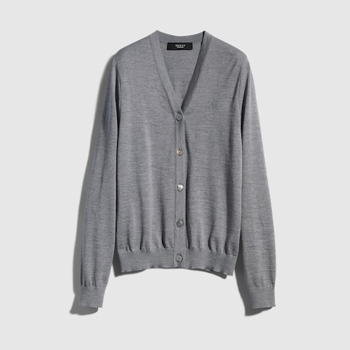 Fine wool cardigan with embroidery in grey | GUCCI® US