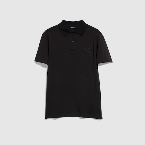 GUCCI 刺繍入りポロシャツ Sサイズ Cotton jersey polo shirt with embroidery in black | GUCCI® US