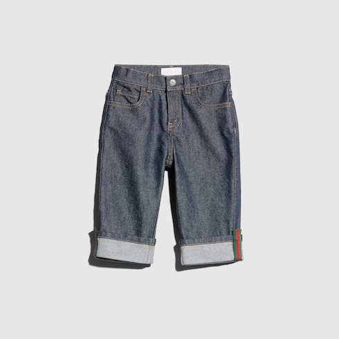 Baby denim pants with Web in dark blue | GUCCI® US