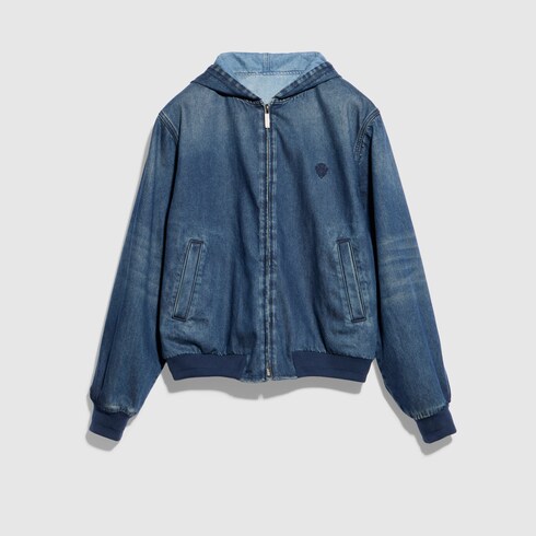 Reversible cotton denim zip jacket in blue and light blue | GUCCI® SI