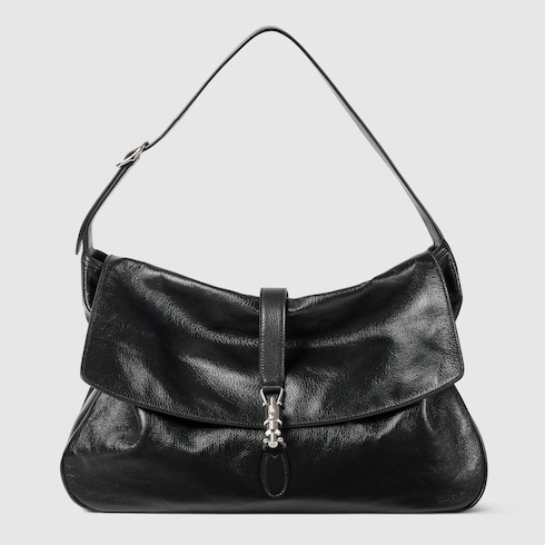 Jackie Flap large crossbody bag in black grainy leather | GUCCI® US