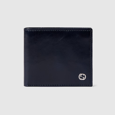 Bi-fold wallet with Interlocking G in blue textured leather