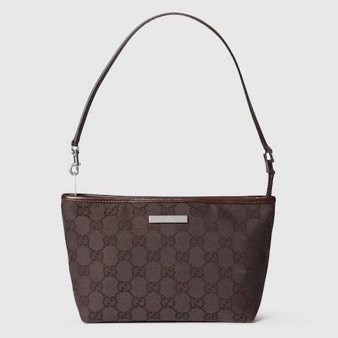 Small pouch with strap and Gucci plaque in dark brown GG canvas