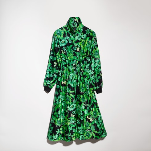 Printed shiny stretch silk long dress