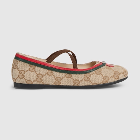Children's ballerina flat in sand and brown GG canvas | GUCCI® US