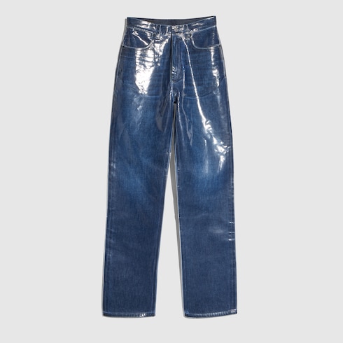 Washed and coated cotton denim pants