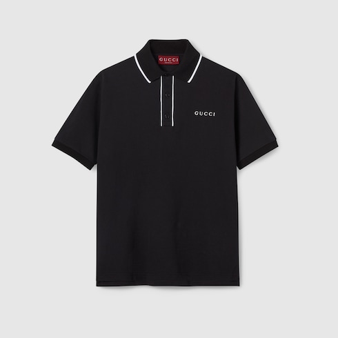 Cotton piquet polo shirt with embroidery in black | GUCCI® US