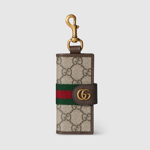 Ophidia key case with hook closure in beige and dark brown fabric