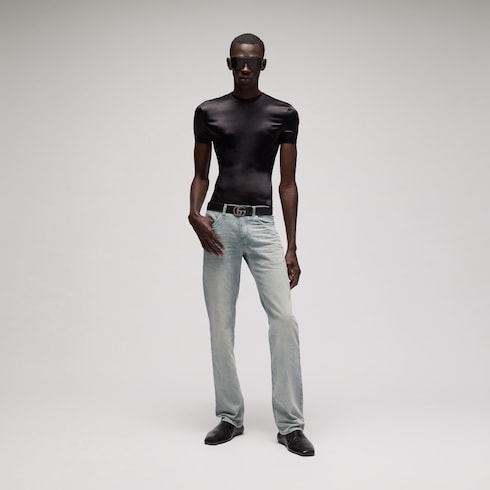 Slim fit marbled-wash cotton denim pants