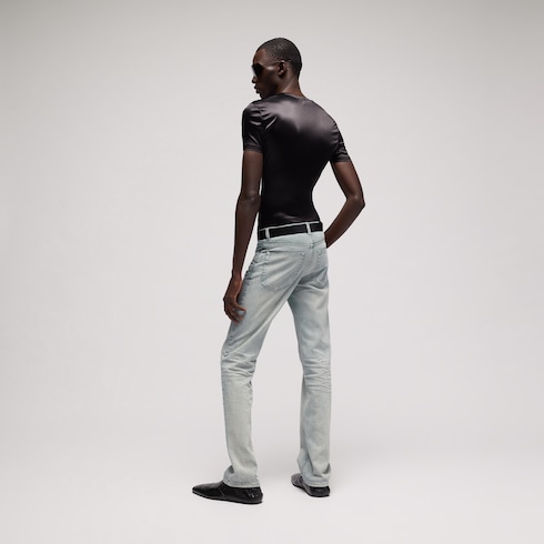 Slim fit marbled-wash cotton denim pants