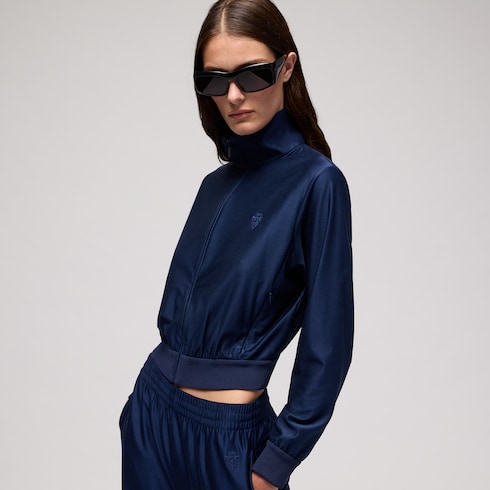 Shiny silk jersey zip jacket with embroidery
