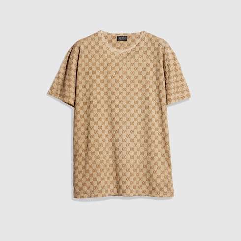 GUCCI ロゴ Tシャツ ベージュ Printed cotton T-shirt in sand and brown | GUCCI® US