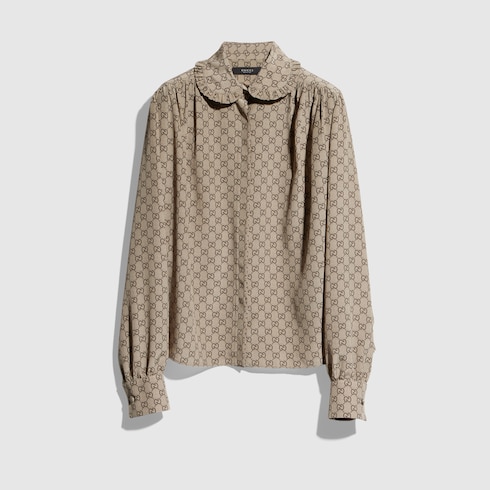 Printed silk crêpe de chine shirt in beige and dark brown | GUCCI® US