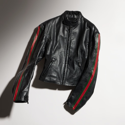 Chamarra biker de piel con tribanda Web
