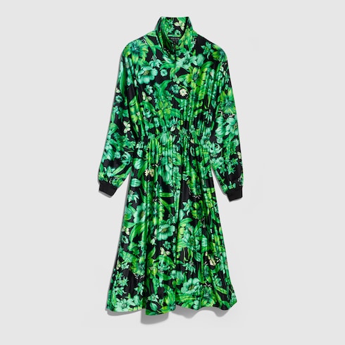 Printed shiny stretch silk long dress