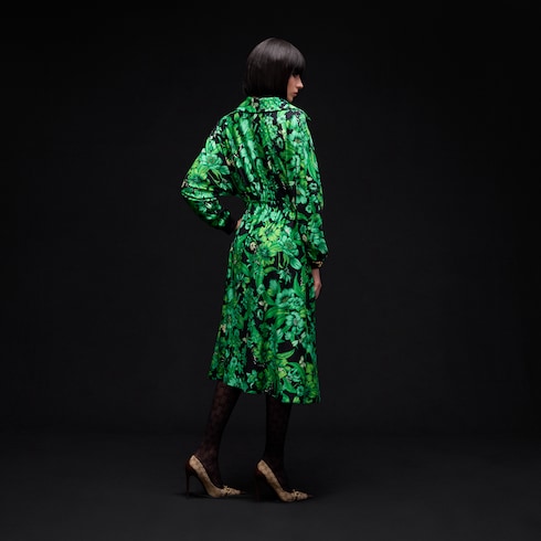 Printed shiny stretch silk long dress