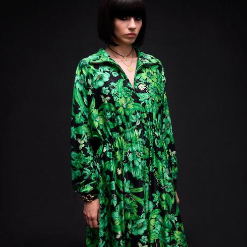 Printed shiny stretch silk long dress