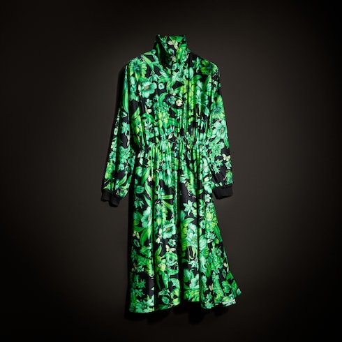 Printed shiny stretch silk long dress