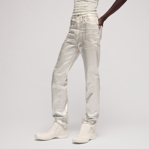 Pantalone slim in denim di cotone spalmato