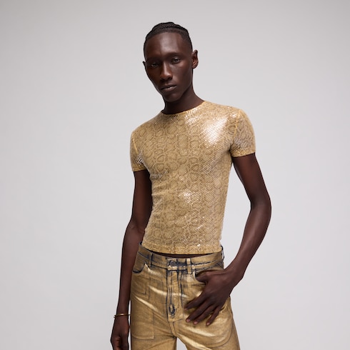 Embroidered stretch tulle T-shirt