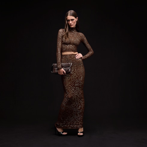 Stretch knit silk lace top with crystals