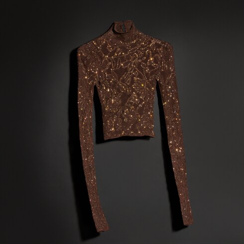 Stretch knit silk lace top with crystals