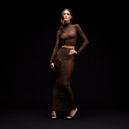 Stretch knit silk lace skirt with crystals