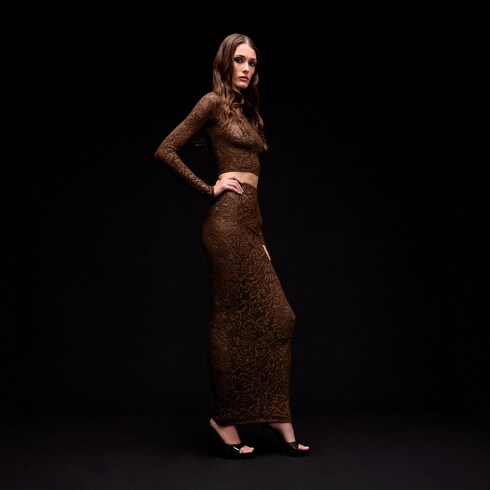 Stretch knit silk lace skirt with crystals