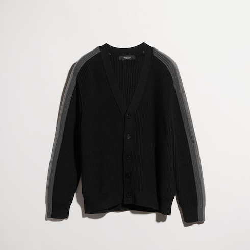 Cardigan in lana a coste con nastro Web tonale
