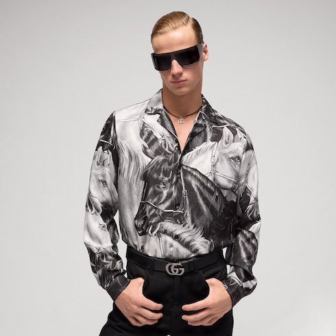 Camicia stampata in twill di seta jacquard GG