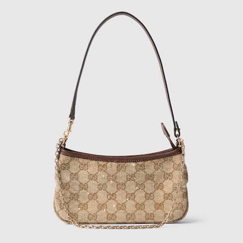 Gossip crystal small shoulder bag in sand and brown GG canvas