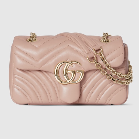 値下げ【レア色✨】GUCCI GG ショルダーバッグ ピンク　ゴールド　ベージュ GGマーモント〕スモール ショルダーバッグ ・ピンクベージュ レザー