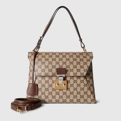 Medium top handle bag with lock in beige and dark brown GG canvas