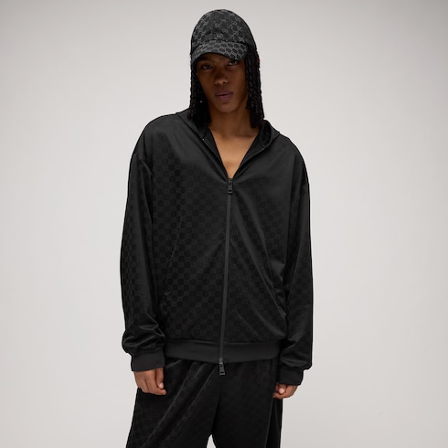 Giacca con cerniera in poliammide jacquard GG