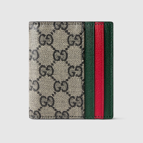 Small bi-fold wallet with Web card slots in beige and black GG