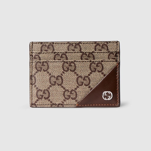 Card case wallet with Interlocking G in beige and brown GG canvas