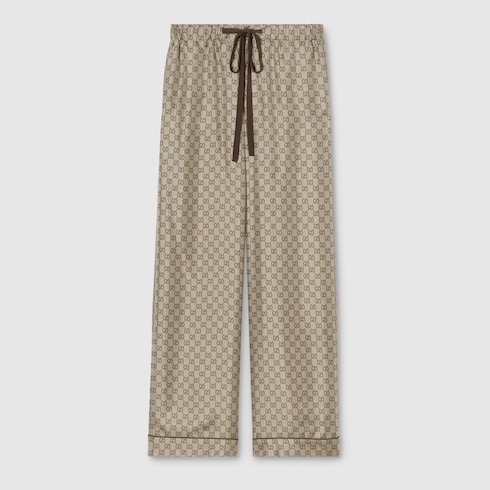 Printed silk twill leisure pants in beige and dark brown | GUCCI® US